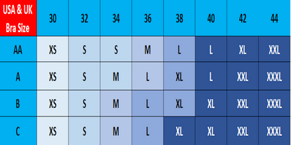 The Travel Bra - comfort Travel Bra sizing chart.  Available in extra small (XS), small (S), Medium (M), Large (L), Extra Large (XL), Extra Extra Large (XXL) and Extra Extra Extra large (XXXL)
