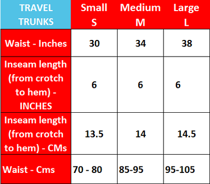 The Travel Bra - Travel Trunks - sizing diagram.  Available in small, medium and large sizes.