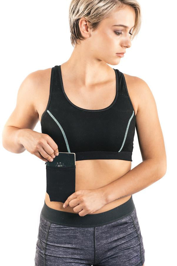 The Travel Bra - Original anti-theft clothing with hidden pockets for passports, jewellery, keys, cash and cards.  Available in sizes Extra Small, Small, Medium, large, Extra Large, 2XL.  Black with blue stitching.