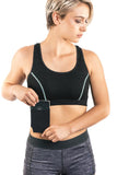 The Travel Bra - Original anti-theft clothing with hidden pockets for passports, jewellery, keys, cash and cards.  Available in sizes Extra Small, Small, Medium, large, Extra Large, 2XL.  Black with blue stitching.